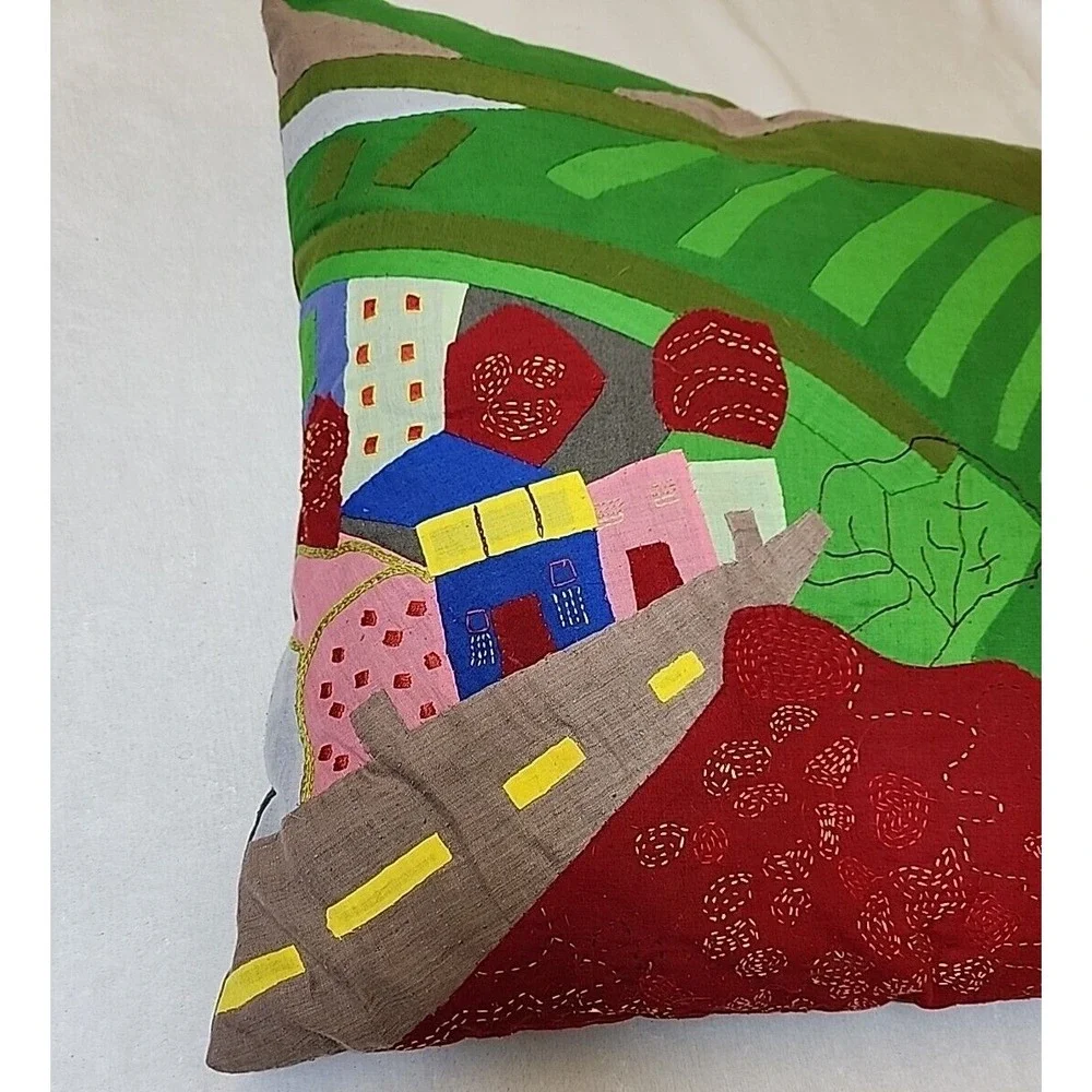 Natural Habitat Landscape Pillow Cover Embroidered Farm India 18 x 18